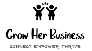 Grow Her Business logo - 2 women high-fiving with business name and mission words
